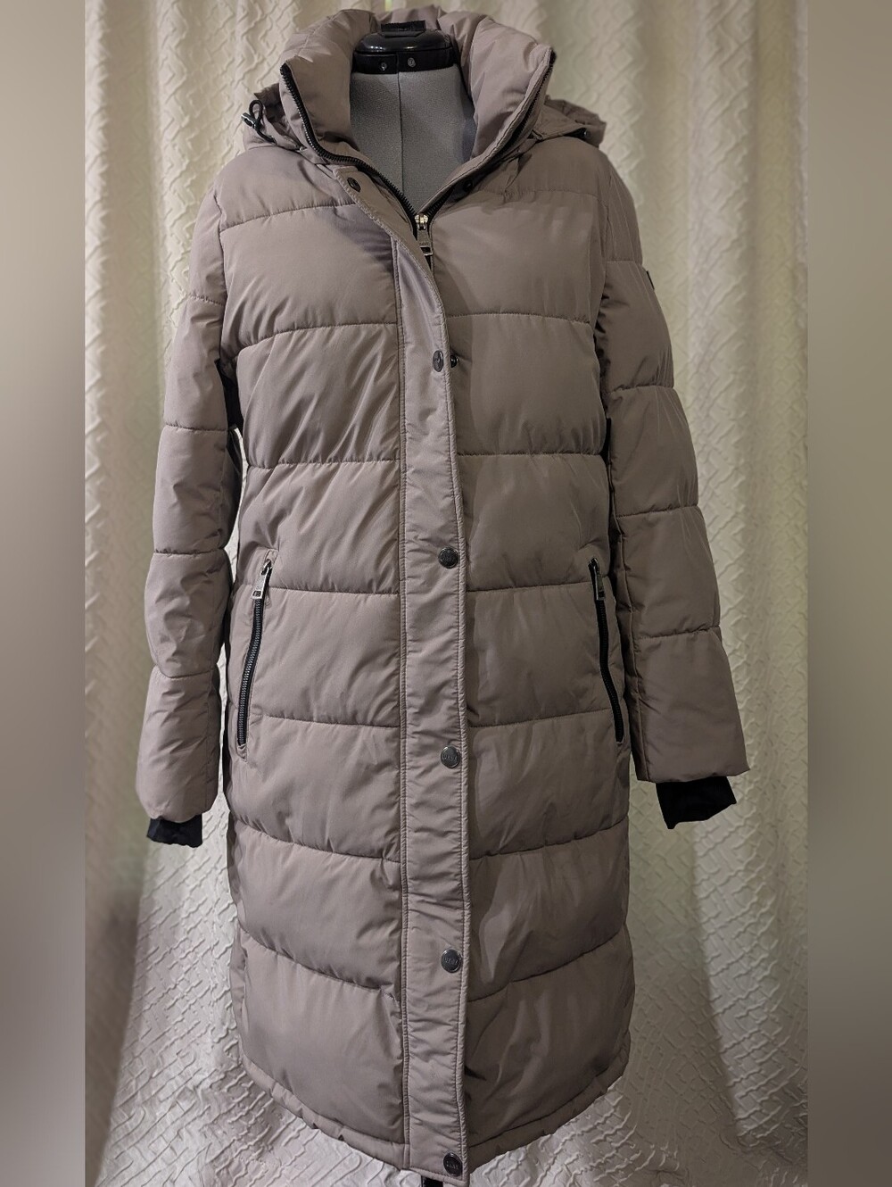 DKNY Taupe Long Puffer Jacket with Hood